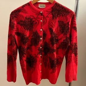 50s 60s vintage red black leaf print Xmas Christmas knit cardigan sweater retro